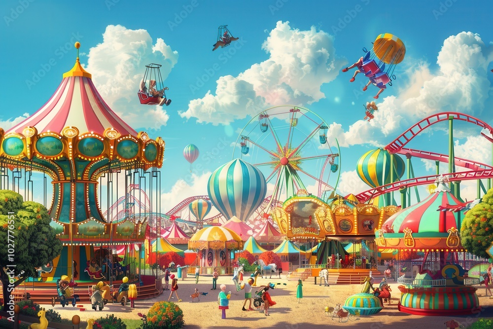 Obraz premium Families and friends explore the vibrant amusement park, riding carousels, roller coasters, and enjoying the festive atmosphere. Generative AI