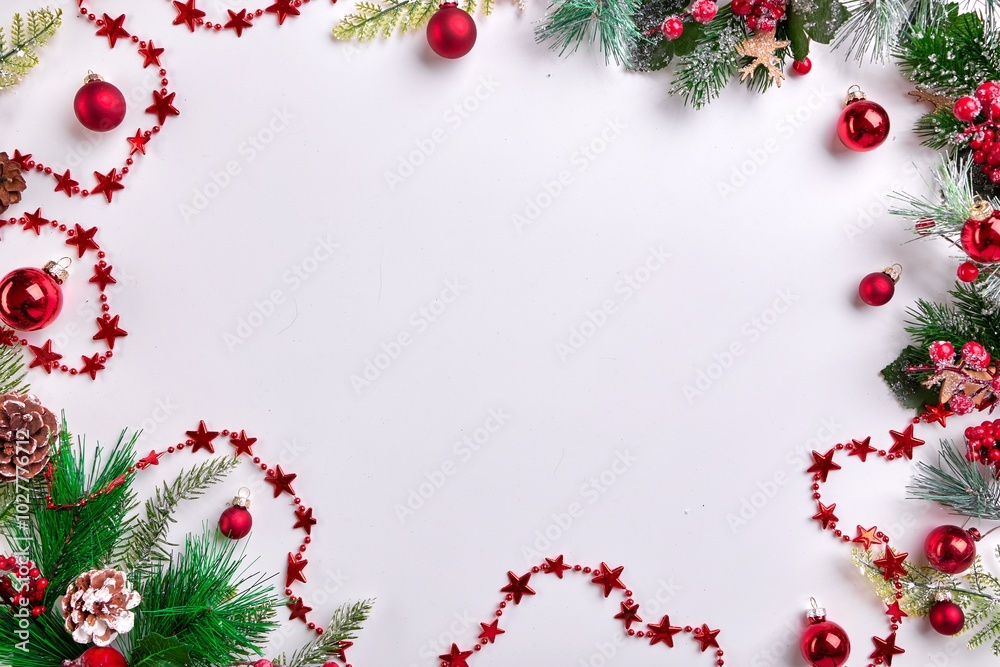 A Colorful Array of Red and Green Christmas Ornaments for Holiday Cheer on a Bright Background A Colorful Array of Red and Green Christmas Ornaments for Holiday Cheer on a Bright Background