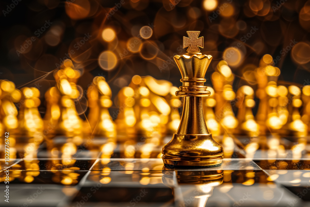 Golden chess piece is on a board with other pieces. Scene is serious and focused, as the chess piece is the main subject and the other pieces are arranged around it. Concept of a strategic game Golden chess piece is on a board with other pieces. Scene is serious and focused, as the chess piece is the main subject and the other pieces are arranged around it. Concept of a strategic game