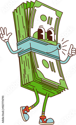 Stack of dollar bills retro groovy finance character walking with a peace sign and a thumbs-up hand gestures. Isolated cartoon vector hippie style bills bundled with blue strap and wears trendy shoes