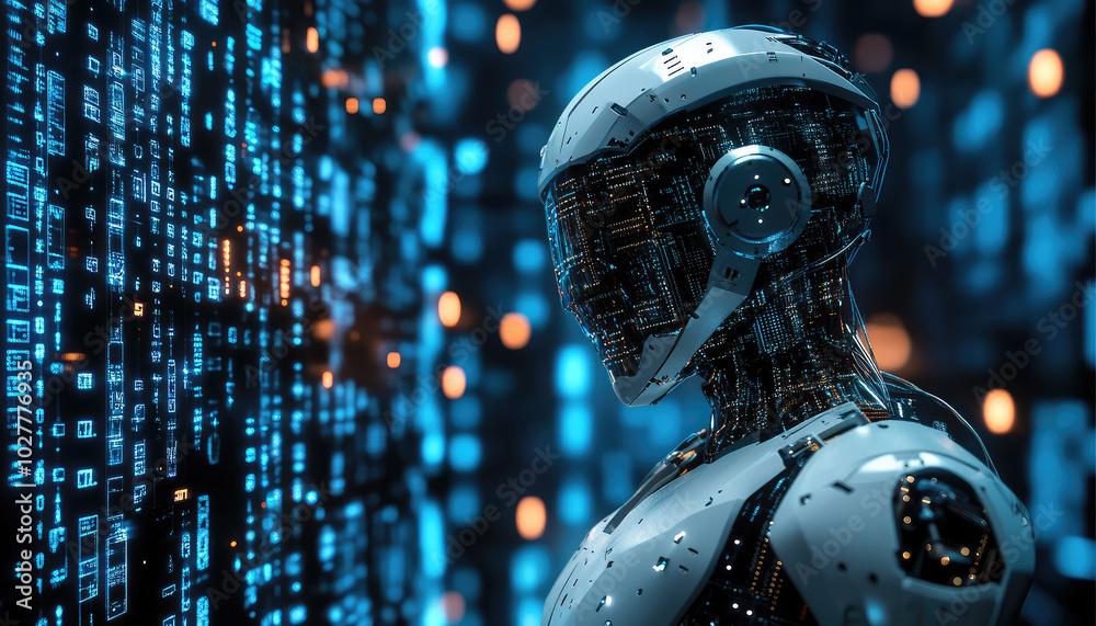 A sophisticated high-tech robot stands amid a radiant digital network, seamlessly blending with the intricate and luminous blue patterns of futuristic data streams. A sophisticated high-tech robot stands amid a radiant digital network, seamlessly blending with the intricate and luminous blue patterns of futuristic data streams.