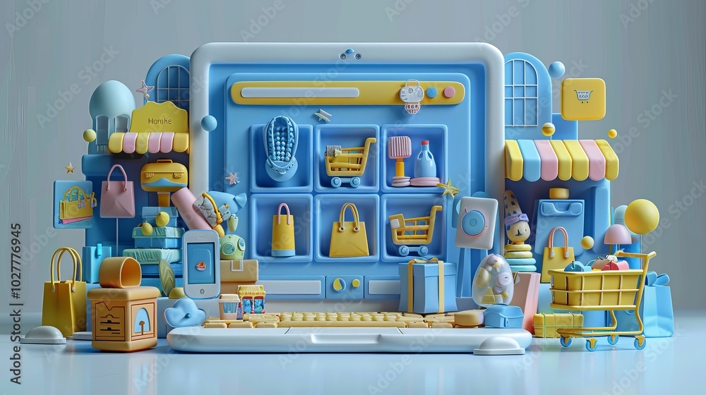 Fototapeta premium Colorful Storefront with Pink and Blue Awnings and Sign