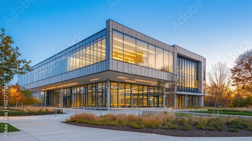 Modern architectural building with large glass windows and landscaped surroundings at sunset.