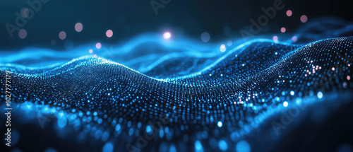 A digital rendering of a vibrant blue wave composed of shimmering dots and abstract textures, creating a mesmerizing visual effect of flowing energy.