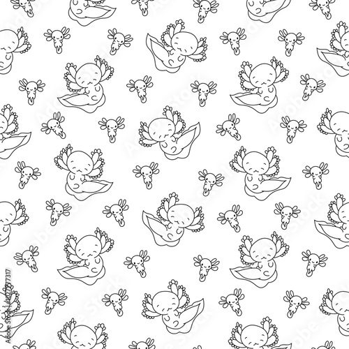 Cute axolotl character. Seamless pattern. Coloring Page. Kawaii ambystoma amphibian different poses. Vector drawing. Design ornaments.