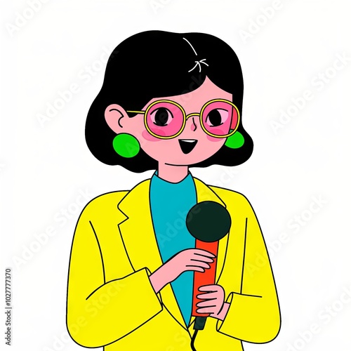 Female Journalist Holding a Microphone in Bright Style