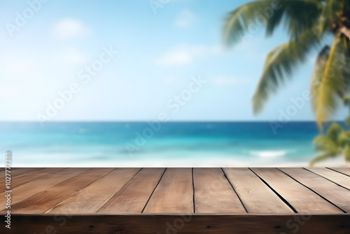 Empty wooden table on sea beach background