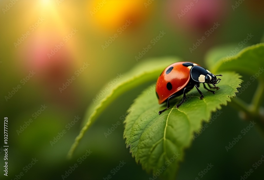 A close-up of a red ladybug with black spots resting on a vibrant green leaf, sunlight filtering through the foliage, with a blurred background of colorful flowers create with ai A close-up of a red ladybug with black spots resting on a vibrant green leaf, sunlight filtering through the foliage, with a blurred background of colorful flowers create with ai