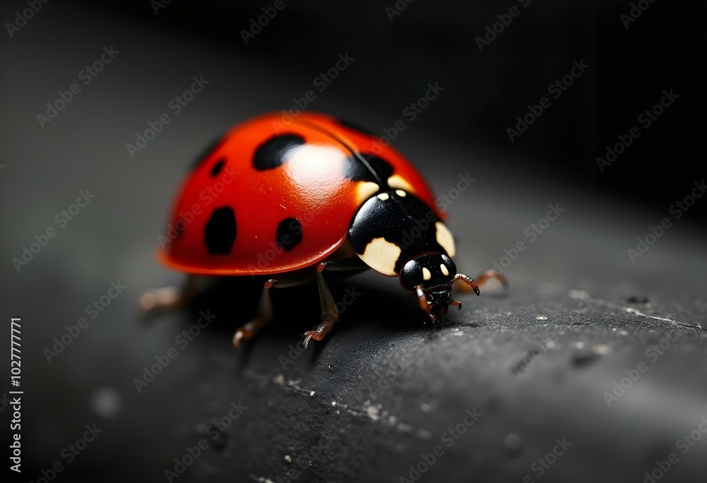 A vibrant red ladybug with distinct black spots, perched on a smooth, dark surface create with ai A vibrant red ladybug with distinct black spots, perched on a smooth, dark surface create with ai