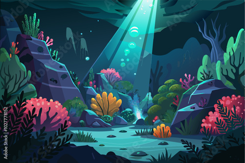 A coral reef illuminated by a flickering electric light, creating a sense of mystery and tension