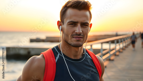 Close up young strong sporty toned fit sportsman man wear sports clothes listen to music in earphones warm up training at sunrise sun dawn over sea beach outdoor on pier seaside in summer day mornin photo