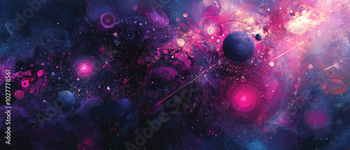 A vibrant space scene showcasing an array of purple-hued planets set against a nebulous star-filled background, capturing the universe's dynamic essence.