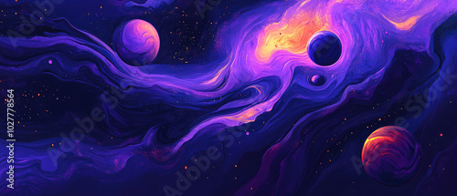 This abstract space illustration visuals swirl of vivid purples with defined planet shapes and cosmic energy, evoking a sense of exploration and wonder.