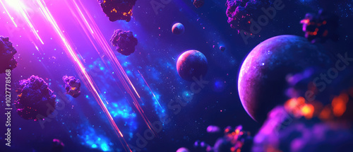 This vivid digital space scene artfully combines asteroids, planets, and luminous trails against a striking galactic backdrop, embodying movement and cosmic spectacle.