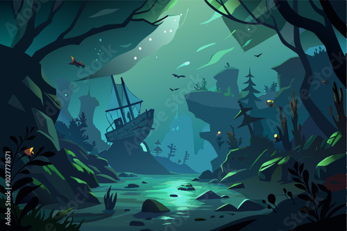 A dark and eerie underwater scene, illuminated only by the faint light from a distant shipwreck
