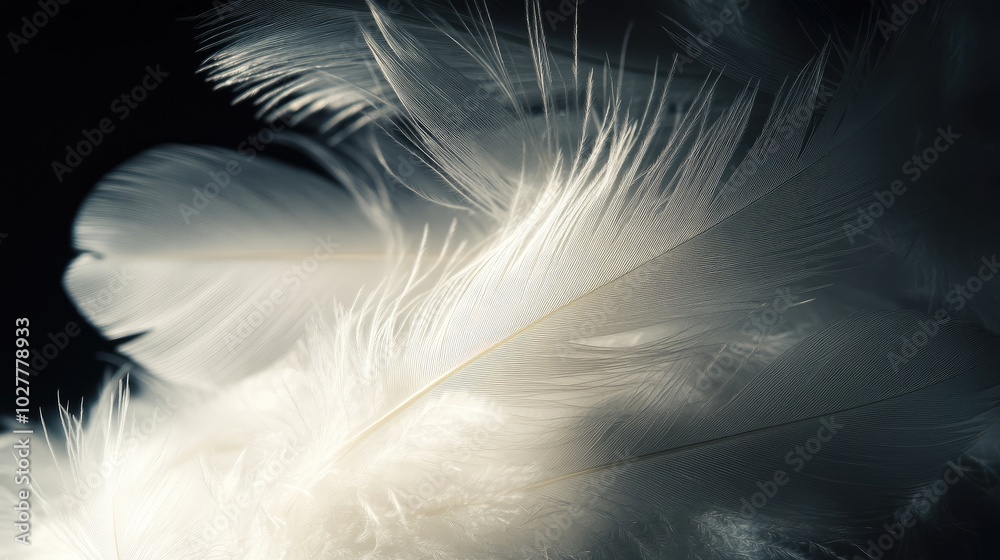 Fototapeta premium White feathers softly illuminated against a deep black background, showcasing their delicate and refined texture