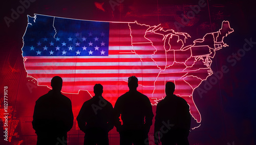 Military officers standing in front of a map of the United States