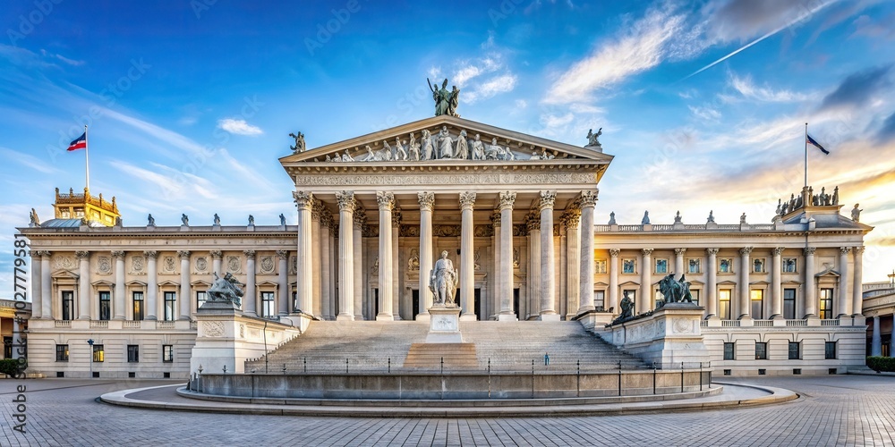 Obraz premium historical, historical building, cityscape,Austria, building, European, Austrian, neoclassical, exterior, city center, democracy, Front side of the Austrian parliament building panoramic