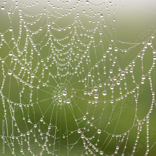 großes Spinnennetz im Nebel mit aufgereihten Wassertropfen
