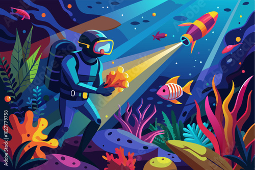 A diver using a multi-colored strobe light to illuminate a diverse coral reef