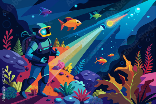 A diver using a multi-colored strobe light to illuminate a diverse coral reef
