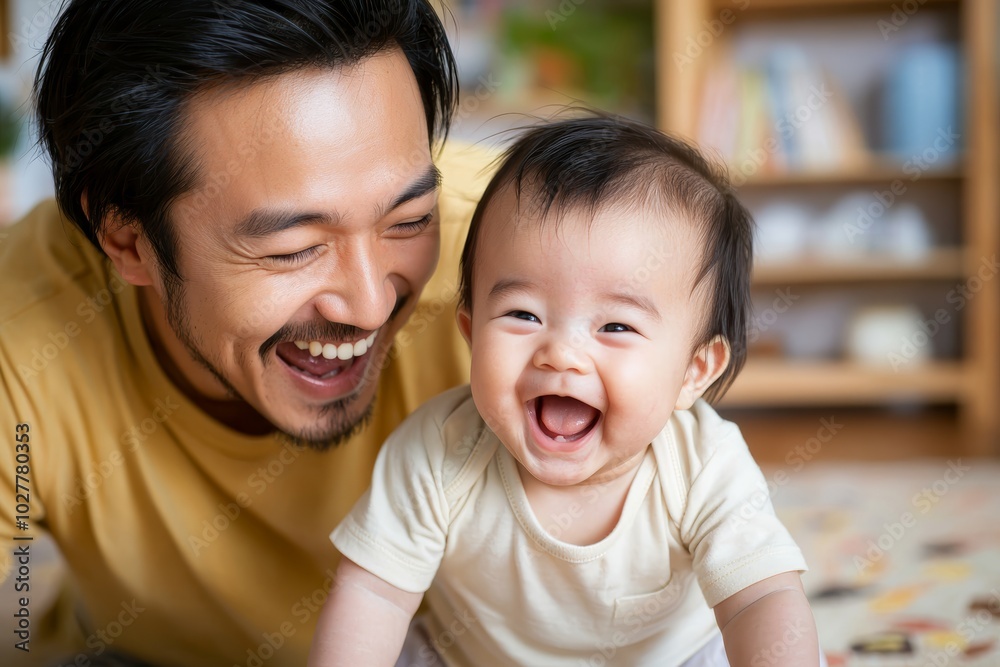 Joyful father and baby bonding, both smiling brightly, capturing a heartwarming family moment. Ideal for themes of love, happiness, and parenthood. Joyful father and baby bonding, both smiling brightly, capturing a heartwarming family moment. Ideal for themes of love, happiness, and parenthood.