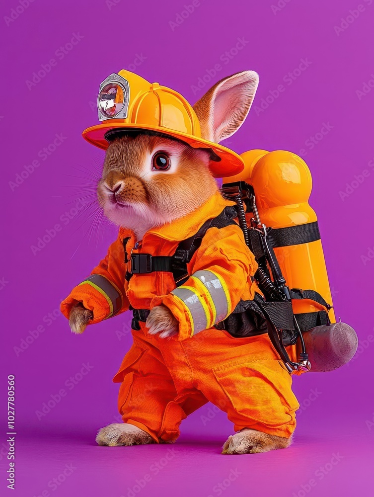 Fototapeta premium Cute rabbit dressed in firefighter gear, expressive pose, vibrant background.