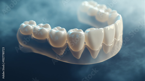 Ilustração renderizada em 3D de duas facetas de epóxi dentárias implantadas no maxilar inferior, em um fundo azul escuro photo