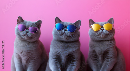 Três gatos British Shorthair usando óculos escuros em um fundo rosa photo