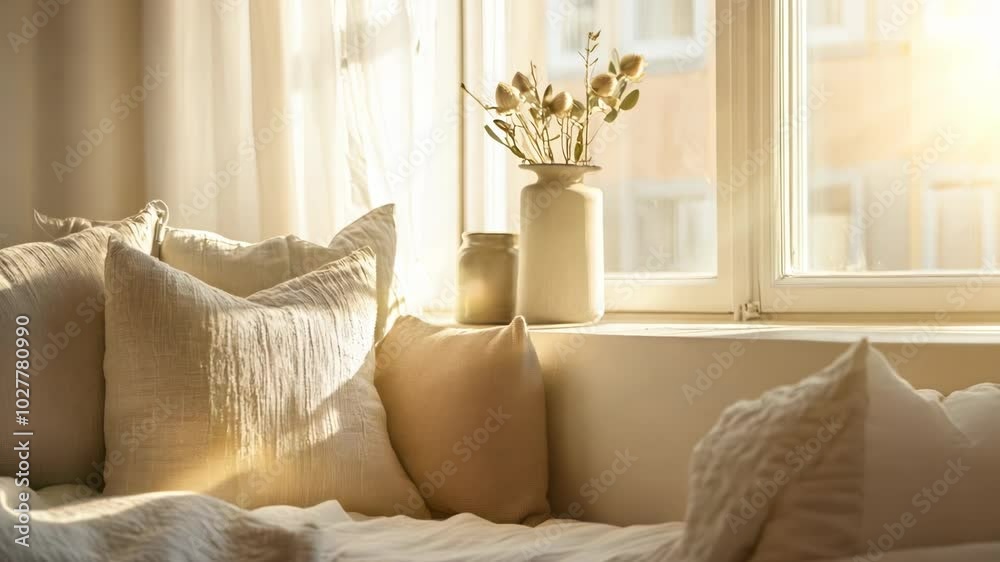 Soft, beige pillows on a bed with natural light streaming in through a window. Soft, beige pillows on a bed with natural light streaming in through a window.