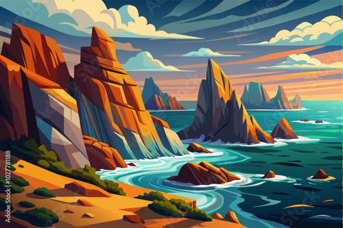 A dramatic seascape with rocky cliffs carved by waves, revealing layers of colorful rock formations