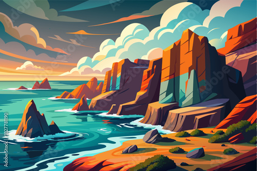 A dramatic seascape with rocky cliffs carved by waves, revealing layers of colorful rock formations