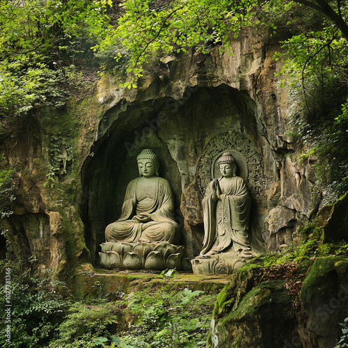 Uma escultura em pedra do Buda e do Bodhisattva Guanyin, esculpida no estilo da antiga arte chinesa, cercada por árvores verdes  photo