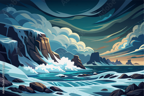 A dramatic winter scene with waves crashing against a rocky coastline under a stormy sky