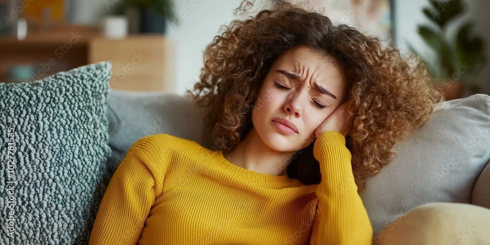 Young woman with curly hair looks stressed while sitting on a couch, wearing a yellow sweater. Home interior and emotional expression visible. Young woman with curly hair looks stressed while sitting on a couch, wearing a yellow sweater. Home interior and emotional expression visible.