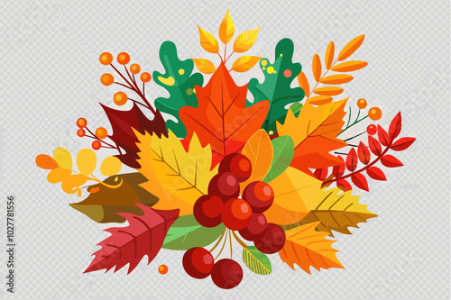 A fall bouquet with fiery orange, red, and yellow colored leaves and berries