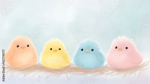 Adorable fluffy pastel-colored chicks sitting together in a nest