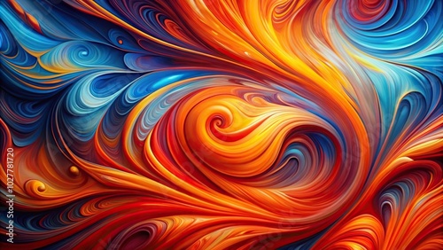 A vibrant and dynamic abstract painting featuring a mesmerizing blend of red orange and blue swirls creates an illusion of depth through forced perspective, dynamic, visual arts