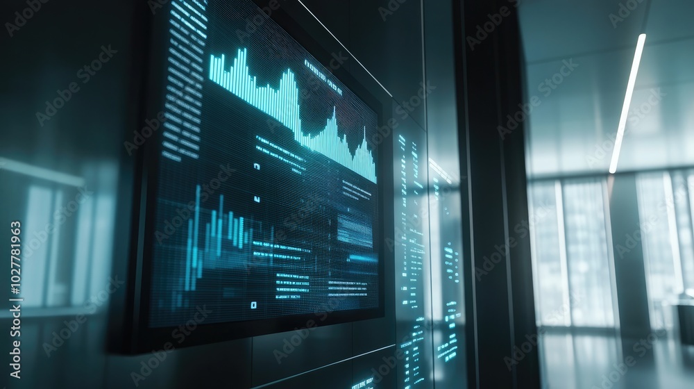 Professional office scene featuring clear upward arrow charts on a sleek digital display Professional office scene featuring clear upward arrow charts on a sleek digital display
