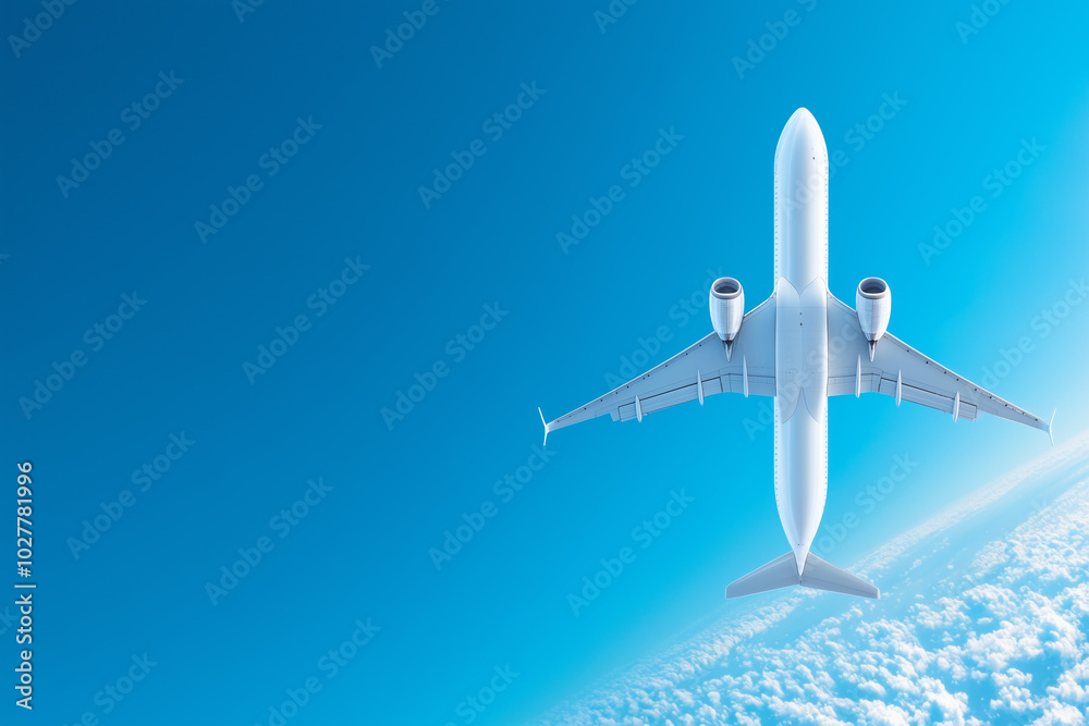 Aerial view of a commercial airplane flying above white clouds in clear blue sky Aerial view of a commercial airplane flying above white clouds in clear blue sky