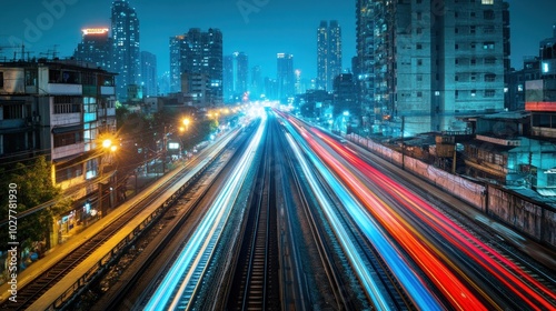 A vibrant cityscape at night showcasing light trails from vehicles on a busy road.