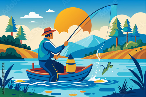 A fisherman casting a line from a small boat, hoping for a good catch on a sunny morning