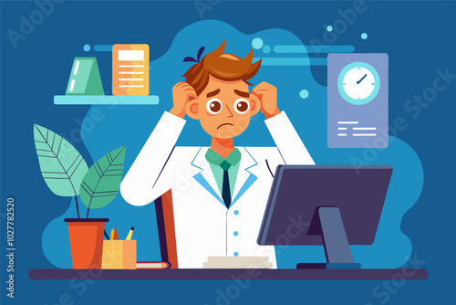 A frustrated researcher with their head in their hands, facing a problem on the computer screen