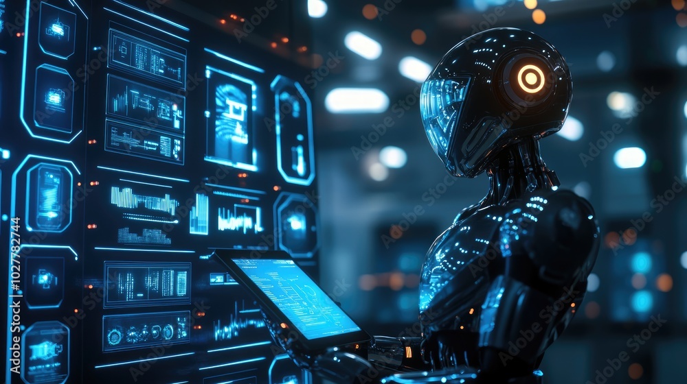 Robot using a tablet to monitor and control advanced systems, sleek tech lab with glowing interfaces Robot using a tablet to monitor and control advanced systems, sleek tech lab with glowing interfaces