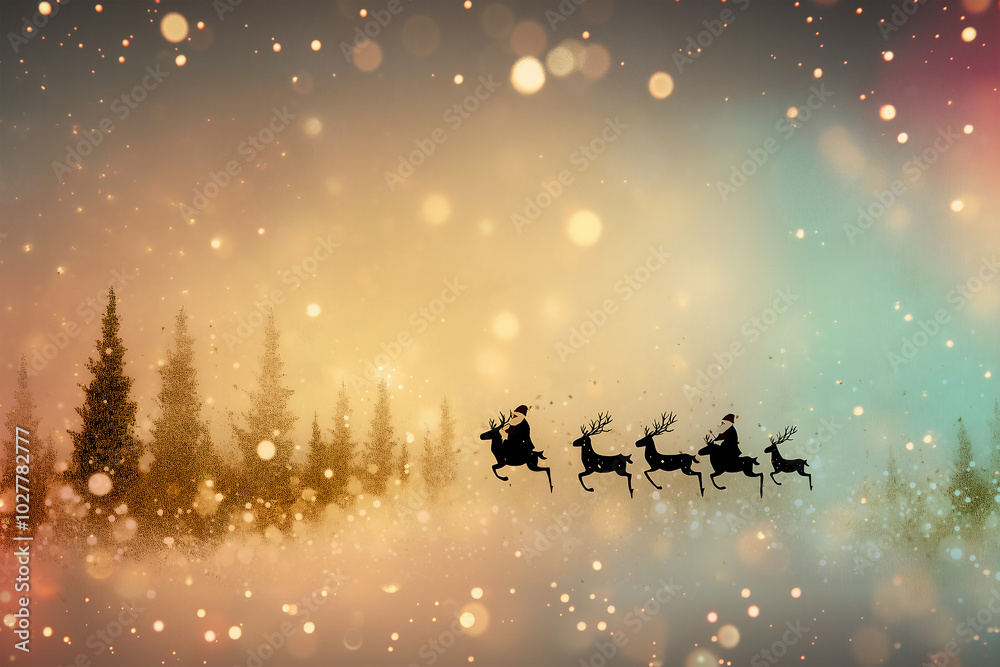 Christmas pastel background with reindeer, golden fir trees, and bokeh lights, a warm and festive feel Christmas pastel background with reindeer, golden fir trees, and bokeh lights, a warm and festive feel