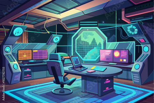 A futuristic conference room with holographic displays and sleek metallic furniture floating in the air