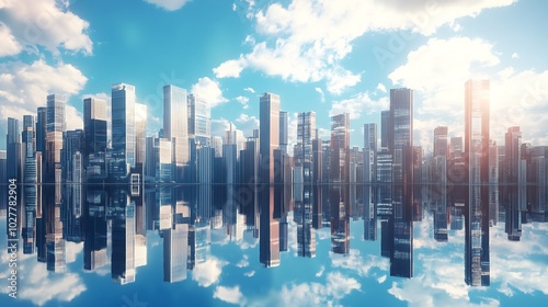 A city skyline reflected in a calm body of water, with bright blue sky and white clouds. Many tall buildings.