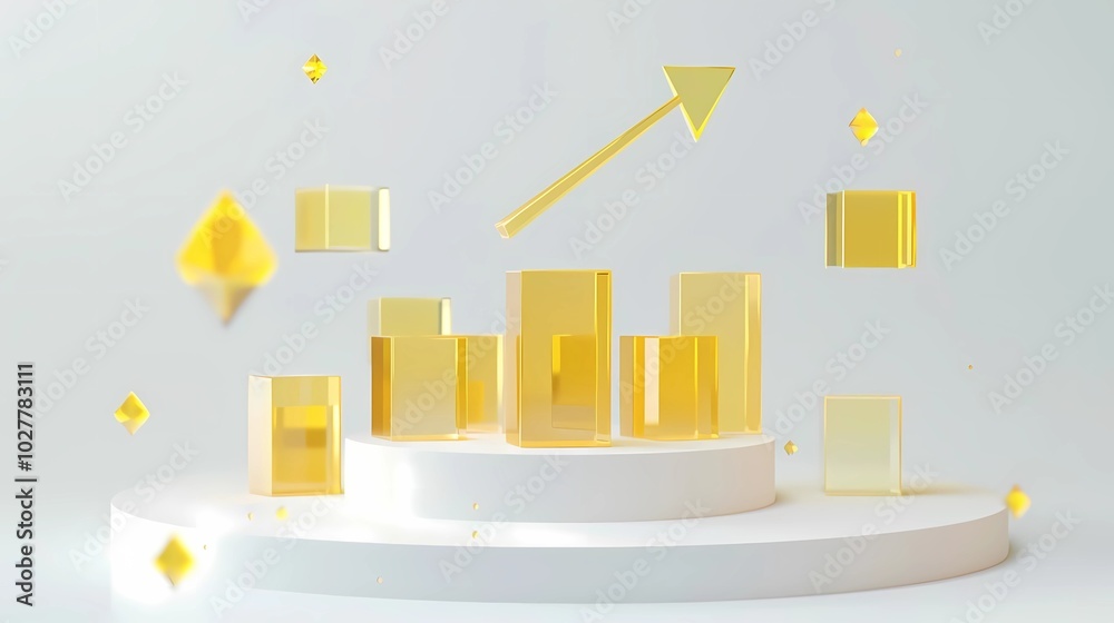 Naklejka premium A data growth icon with a rising arrow and yellow transparent glass cubes around on top of a circular podium, Generative AI illustrations. 