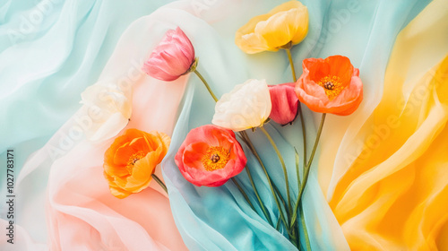 Bouquet of colorful poppy flowers lying on pastel background