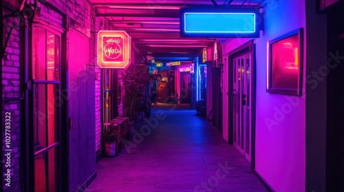 A vibrant, neon-lit corridor with colorful signs and a lively atmosphere.